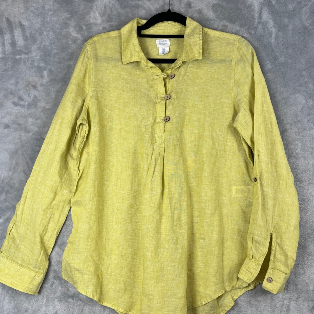 Sigrid Olsen Womens 100% Linen Tunic Top Chartreuse Yellow Button Tab Sleeve S - Picture 2 of 10